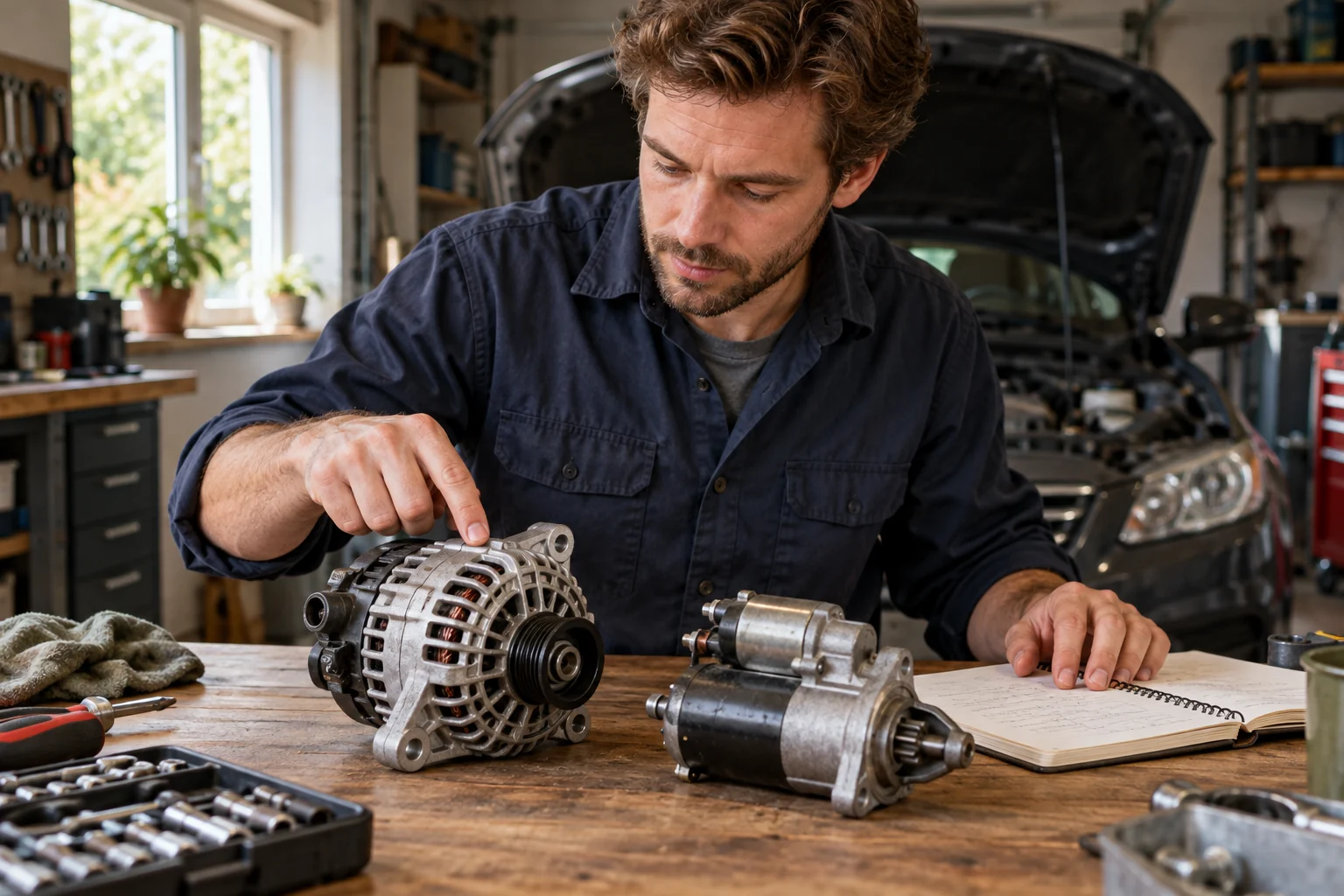 Een dynamo en startmotor leren herkennen aan een werkbank